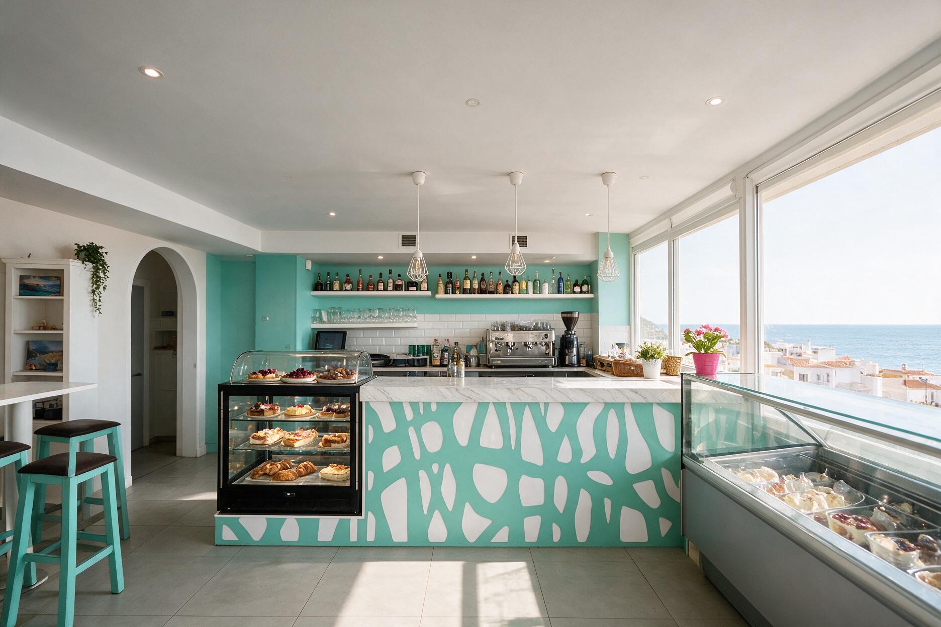 Salón luminoso de Habana Café Salobreña en verde menta y blanco con vistas al mar