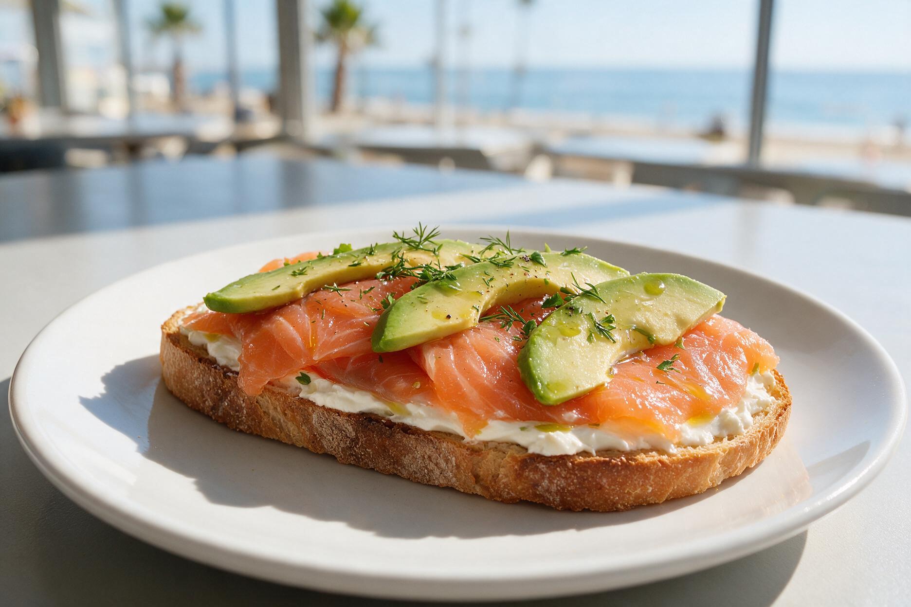 Tosta de salmón ahumado con crema de queso y aguacate